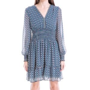 - Max Studio geometric floral print smocked waist long sleeve blue dress